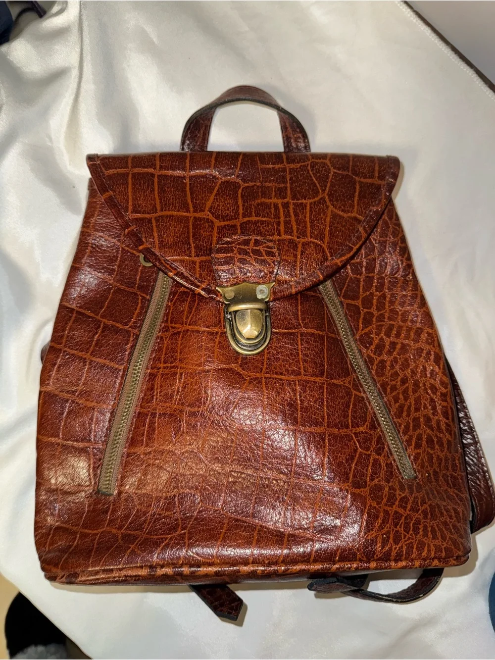 Studio Angelino 90s Vintage Brown Croc-Embossed Leather Backpack Purse
